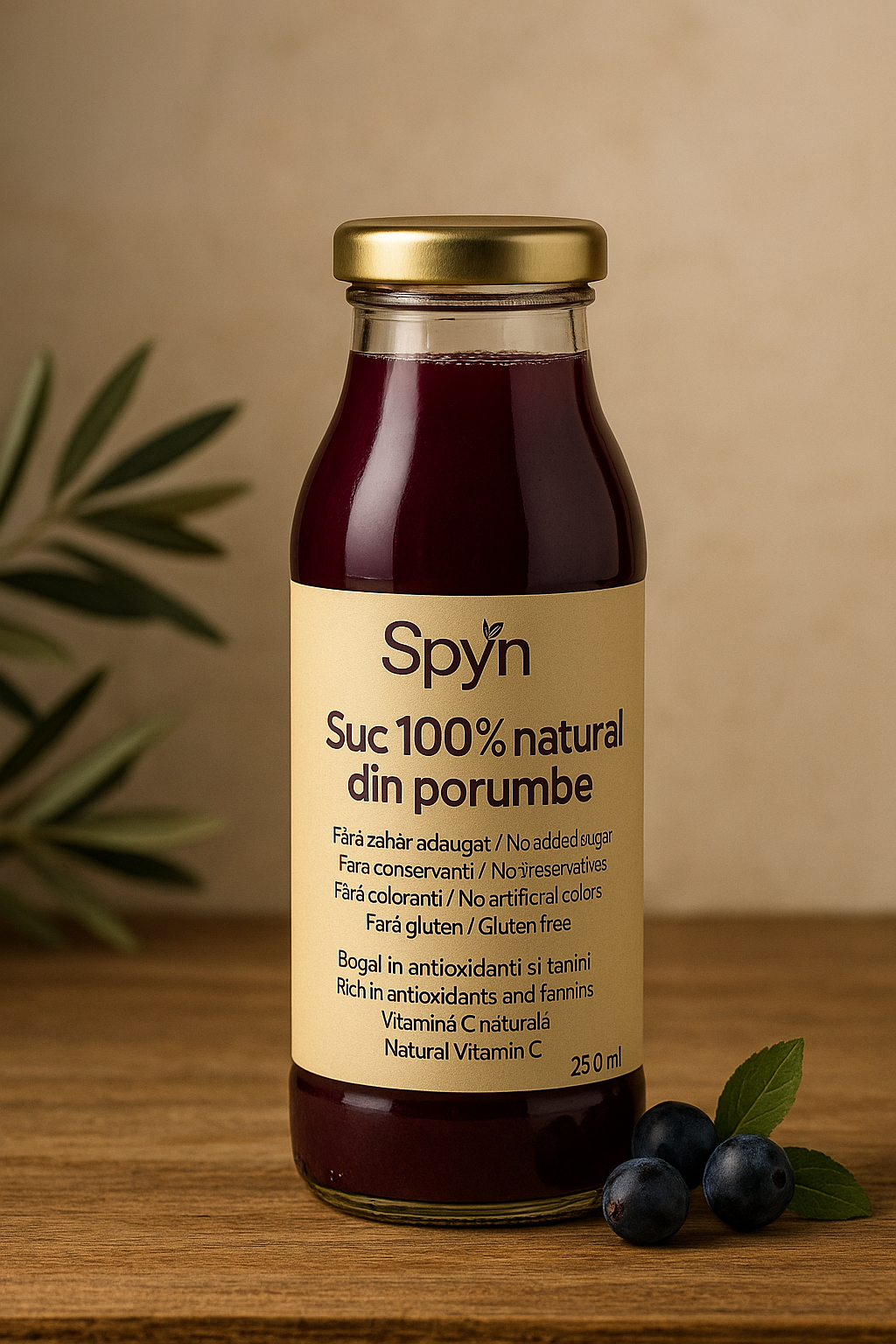 Sticlă rotundă de 250ml Spyn – suc 100% natural din porumbe, fără zahăr adăugat
